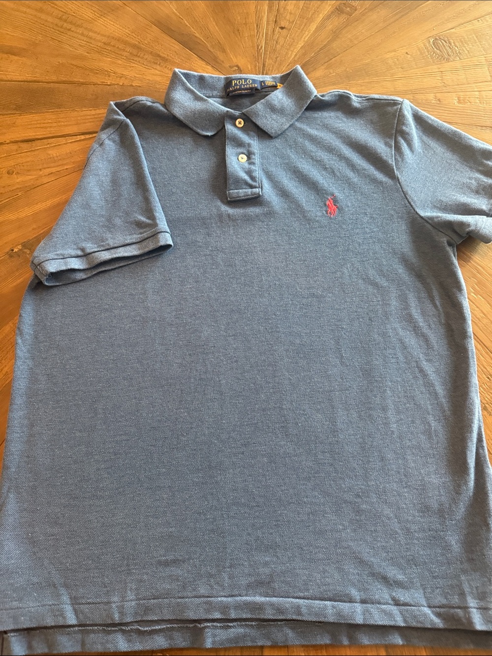 Polo by Ralph Lauren Men’s Heather Blue Polo with Pink Pony